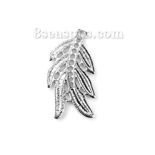 Picture of Brass Metal Lace Charms Leaf Silver Tone 29mm(1 1/8") x 16mm( 5/8"), 3 PCs                                                                                                                                                                                    