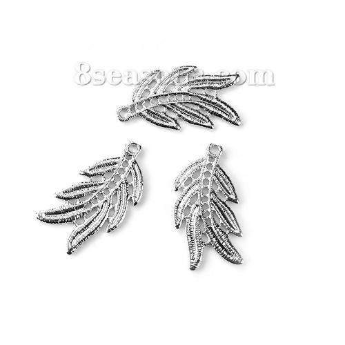Picture of Brass Metal Lace Charms Leaf Silver Tone 29mm(1 1/8") x 16mm( 5/8"), 3 PCs                                                                                                                                                                                    