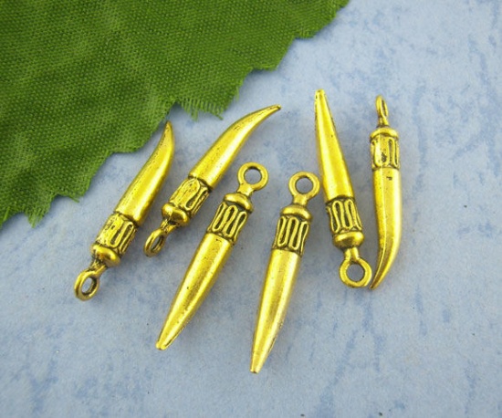 Picture of Zinc Based Alloy Charms Pendants Horn Gold Tone Antique Gold Carved 25mm x4mm(1" x 1/8"), 40 PCs