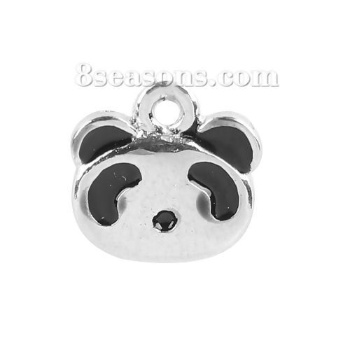 Picture of Zinc Based Alloy Charms Panda Animal Silver Tone Black Enamel 10mm( 3/8") x 10mm( 3/8"), 10 PCs