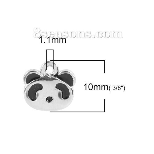 Picture of Zinc Based Alloy Charms Panda Animal Silver Tone Black Enamel 10mm( 3/8") x 10mm( 3/8"), 10 PCs