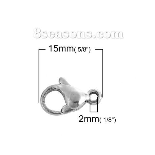 Picture of 304 Stainless Steel Lobster Clasp Findings Silver Tone 15mm x 9mm, 200 PCs