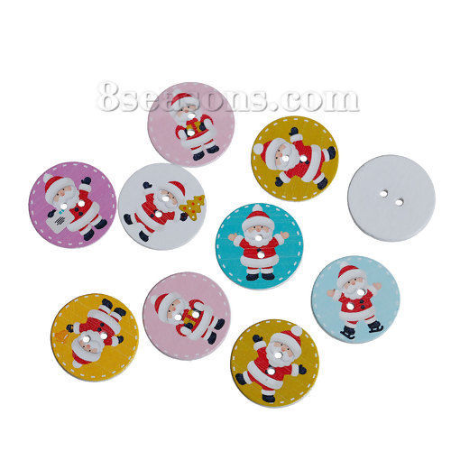 Picture of 10 PCs Natural Wood Sewing Buttons Scrapbooking 4 Holes Round At Random Mixed Color Christmas Santa Claus 25mm Dia.