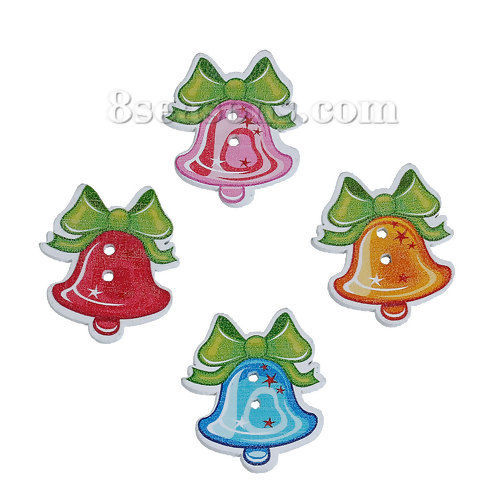 Picture of Wood Sewing Buttons Scrapbooking 2 Holes Christmas Jingle Bell At Random Mixed Bowknot Pattern 30mm(1 1/8") x 26mm(1"), 5 PCs