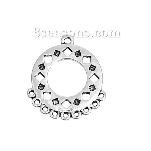 Picture of 4 PCs Zinc Based Alloy Chandelier Connectors Antique Silver Color Round Geometric Hollow 25mm x 22mm