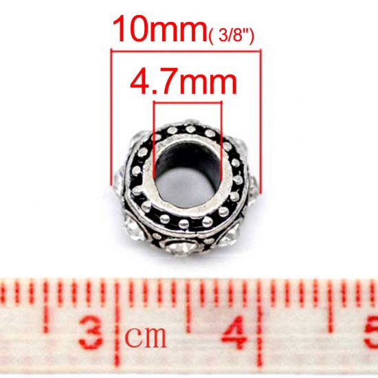 Image de Perles à Gros Trou au Style Européen en Alliage de Zinc Rond Argent Vieilli à Pois Strass Transparent Env. 10mm Dia, Trou: 4.7mm, 10 Pcs