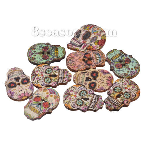 Picture of 10 PCs Natural Hinoki Wood Sewing Buttons Scrapbooking 2 Holes Sugar Skull At Random Mixed Color 24.5mm x 17.5mm