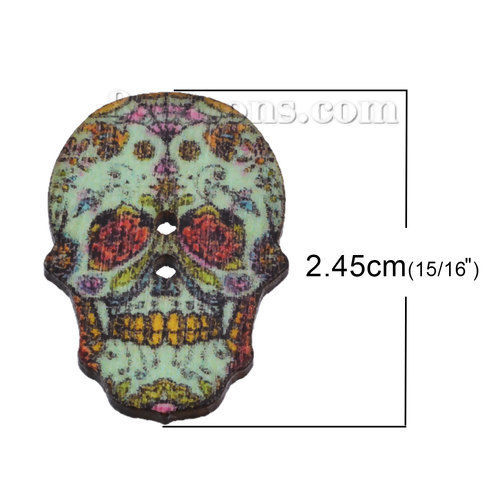 Picture of 10 PCs Natural Hinoki Wood Sewing Buttons Scrapbooking 2 Holes Sugar Skull At Random Mixed Color 24.5mm x 17.5mm