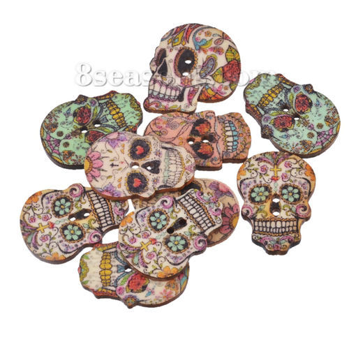 Picture of 10 PCs Natural Hinoki Wood Sewing Buttons Scrapbooking 2 Holes Sugar Skull At Random Mixed Color 24.5mm x 17.5mm