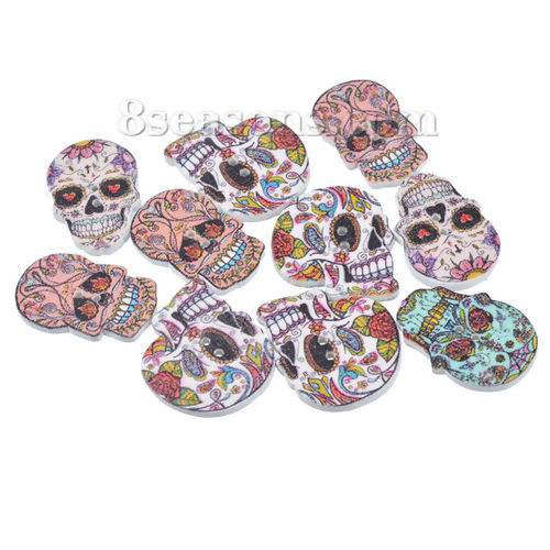 Picture of 10 PCs Natural Hinoki Wood Sewing Buttons Scrapbooking 2 Holes Sugar Skull At Random Mixed Color 24.5mm x 17.5mm