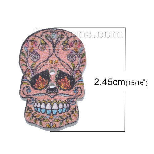 Picture of 10 PCs Natural Hinoki Wood Sewing Buttons Scrapbooking 2 Holes Sugar Skull At Random Mixed Color 24.5mm x 17.5mm