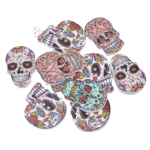 Picture of 10 PCs Natural Hinoki Wood Sewing Buttons Scrapbooking 2 Holes Sugar Skull At Random Mixed Color 24.5mm x 17.5mm