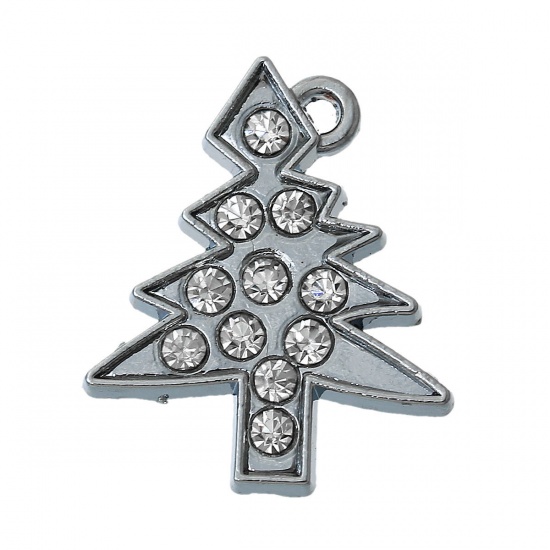 Picture of Silver Tone Rhinestone Christmas Tree Charm Pendants 22x21mm, sold per packet of 10 