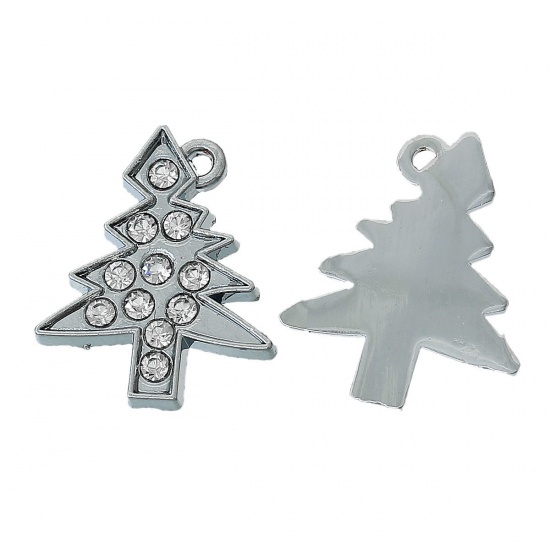 Picture of Silver Tone Rhinestone Christmas Tree Charm Pendants 22x21mm, sold per packet of 10 