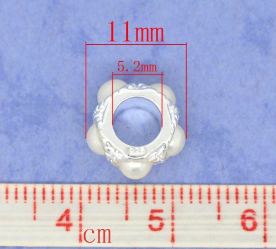 銅 ヨーロピアン風 ラージホールチャームビーズ 大穴ビーズ 銀メッキ 白 円形 パール模造 11mm x 6mm、 穴：約 5.2mm、 1 個 の画像
