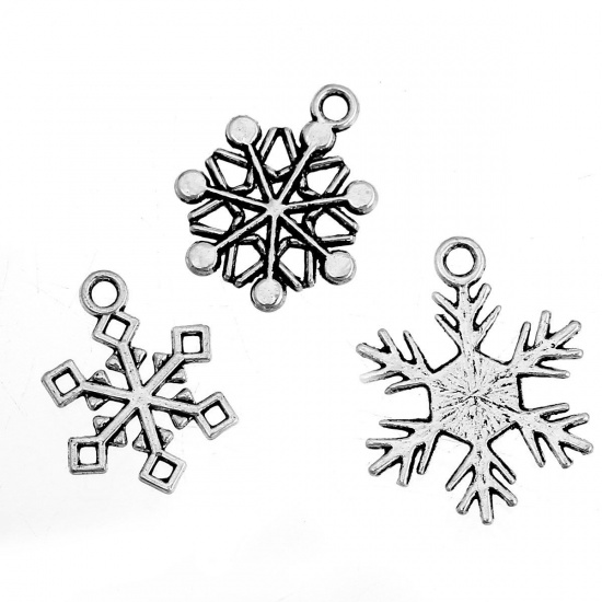 Picture of Mixed Antique Silver Color Christmas Snowflake Charm Pendants 19x16mm-25x19mm, sold per packet of 50