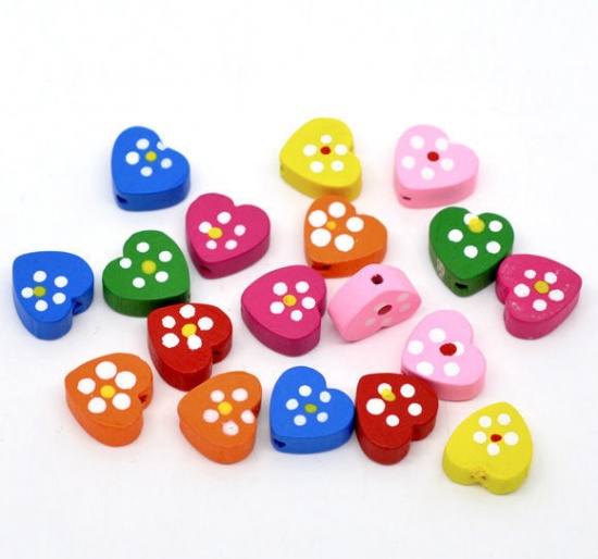 Picture of Wood Spacer Beads Heart At Random Mixed Flower Pattern About 14mm x 13mm, Hole: Approx 2mm, 15 PCs