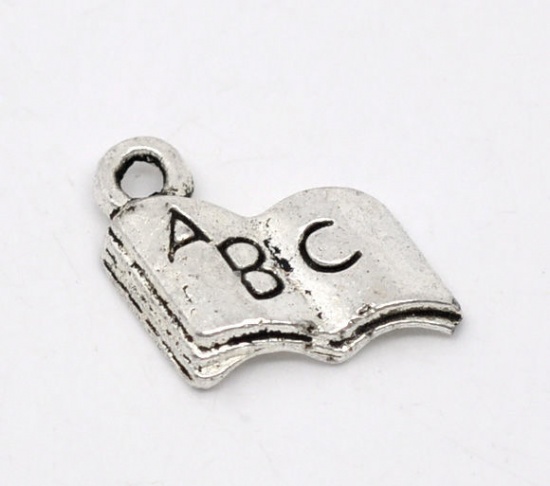 Picture of Graduation Jewelry Zinc Based Alloy Open Book Charms Antique Silver Color Message " A B C "Carved 17mm( 5/8") x 11mm( 3/8"), 100 PCs