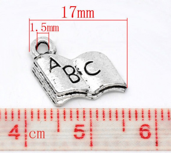 Picture of Graduation Jewelry Zinc Based Alloy Open Book Charms Antique Silver Color Message " A B C "Carved 17mm( 5/8") x 11mm( 3/8"), 100 PCs