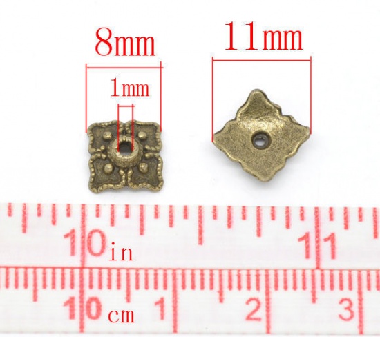 Picture of Zinc Based Alloy Beads Caps Square Antique Bronze (Fits 14mm-20mm Beads) 8mm x 8mm, 100 PCs