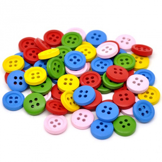 Picture of 20 PCs Natural Wood Sewing Buttons Scrapbooking 4 Holes Round At Random Mixed Color 15mm Dia.