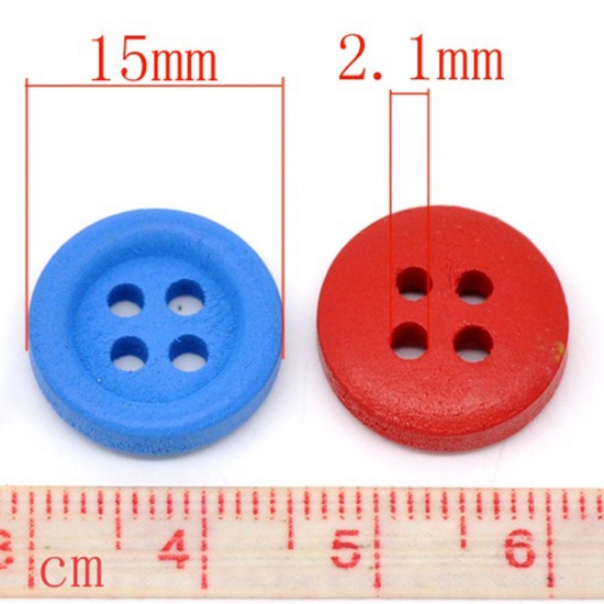 Picture of 20 PCs Natural Wood Sewing Buttons Scrapbooking 4 Holes Round At Random Mixed Color 15mm Dia.
