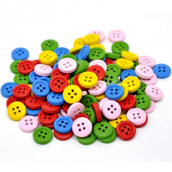 Picture of 20 PCs Natural Wood Sewing Buttons Scrapbooking 4 Holes Round At Random Mixed Color 15mm Dia.