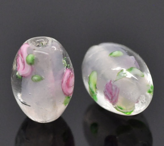 Image de Perles en Lampwork Tonneau Rose Clair Fleur 14mm x 10mm, Taille de Trou: 1.6mm, 30 PCs