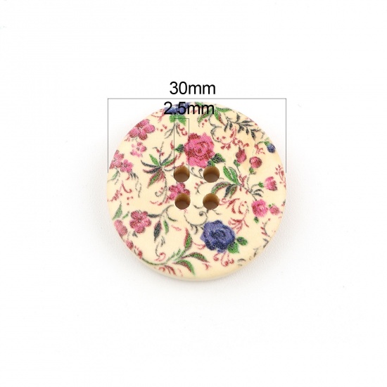 Bild von Holz Knöpfe zum aufnähen Rund Bunt 4 Löcher mit Blumen Muster 3cm D 30 Stück