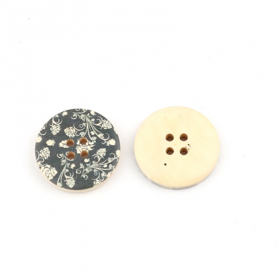 Picture of Wood Sewing Buttons Scrapbooking 4 Holes Round Black Flower Pattern 3cm(1 1/8") Dia, 30 PCs