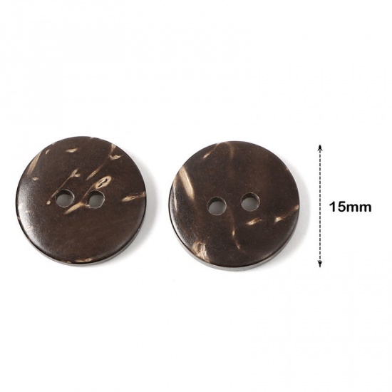 ココナッツの殻 縫製 ボタン 2つ穴 円形 ブラウン 15mm 直径、 100 個 の画像