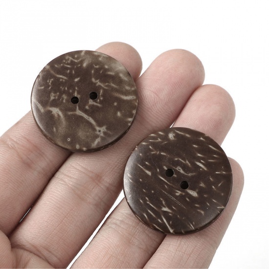 Picture of Coconut Shell Sewing Buttons Scrapbooking 2 Holes Round Brown 3cm(1 1/8") Dia, 30 PCs
