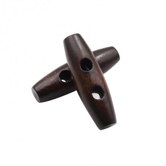 Picture of Wood Sewing Toggle Buttons 2 Holes Oval Dark Coffee 35mm(1 3/8") x 11mm(3/8"), 50 PCs