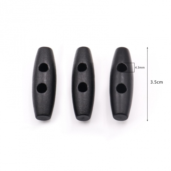 Picture of Wood Sewing Toggle Buttons 2 Holes Oval Black 35mm(1 3/8") x 11mm( 3/8"), 50 PCs