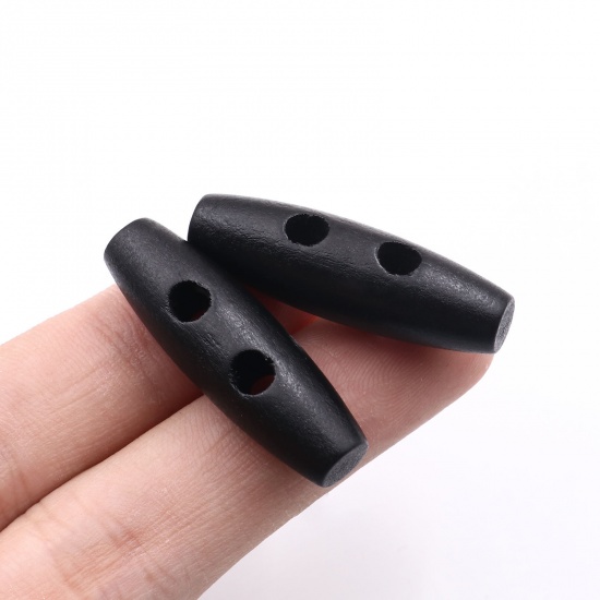 Picture of Wood Sewing Toggle Buttons 2 Holes Oval Black 35mm(1 3/8") x 11mm( 3/8"), 50 PCs
