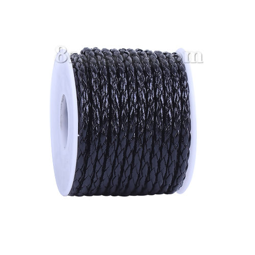 Picture of PU Leather Jewelry Braided Cord Black 3.5mm( 1/8"), 1 Roll (Approx 10 M/Roll)