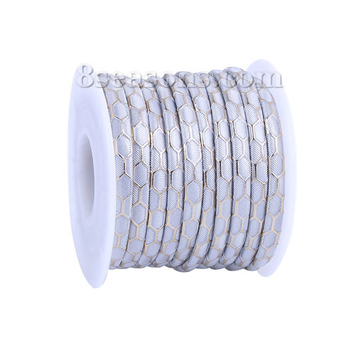 Picture of PU Leather Jewelry Cord Rope Silver Hexagon Pattern 5mm( 2/8"), 1 Roll (Approx 5 M/Roll)