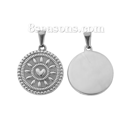 Picture of 1 Piece 304 Stainless Steel Blank Stamping Tags Pendants Round Sun Silver Tone Double-sided Polishing 35mm x 25mm