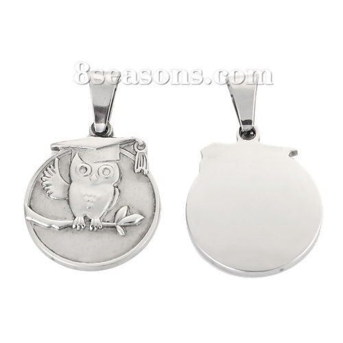 Picture of 304 Stainless Steel Blank Stamping Tags Pendants Round Owl Silver Tone One-sided Polishing 40mm x 25mm, 1 Piece