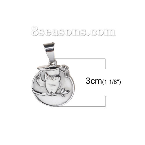 Picture of 304 Stainless Steel Blank Stamping Tags Pendants Round Owl Silver Tone One-sided Polishing 40mm x 25mm, 1 Piece