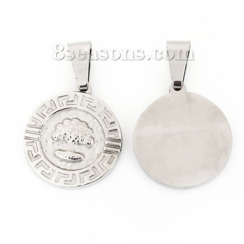 Picture of 304 Stainless Steel Blank Stamping Tags Pendants Round Tree Silver Tone One-sided Polishing 37mm x 24mm, 1 Piece