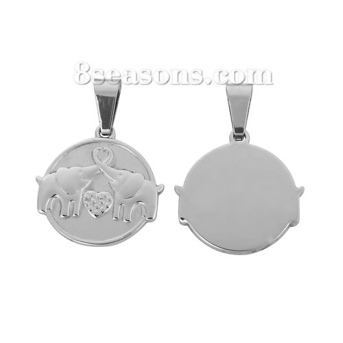 Picture of 1 Piece 304 Stainless Steel Blank Stamping Tags Pendants Round Elephant Silver Tone Double-sided Polishing 39mm x 28mm
