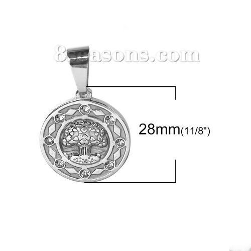 Picture of 304 Stainless Steel Blank Stamping Tags Pendants Round Tree Silver Tone One-sided Polishing Clear Rhinestone 38mm x 24mm, 1 Piece
