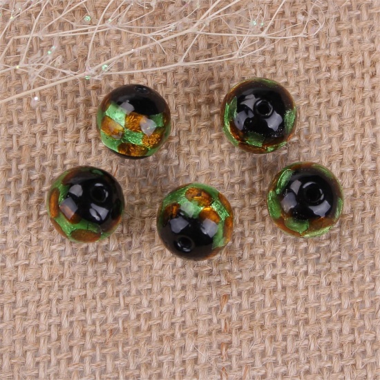 Picture of Lampwork Glass Beads Round Golden Foil About 10mm Dia, Hole: Approx 1.6mm, 3 PCs