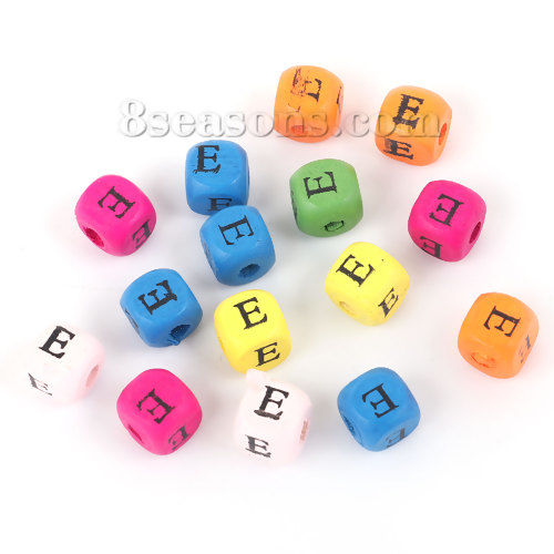 Picture of Maple Wood Spacer Beads Square At Random Initial Alphabet/ Letter " E " 10mm( 3/8") x 10mm( 3/8"), Hole: Approx 3.2mm, 300 PCs
