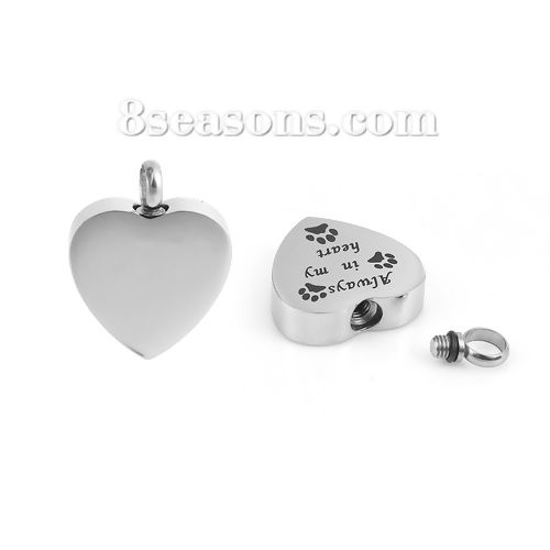 Picture of 1 Piece 304 Stainless Steel Cremation Ash Urn Blank Stamping Tags Charms Heart Word Message Silver Tone Black Double-sided Polishing 26mm x 20mm