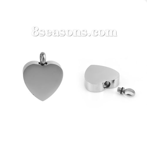 Picture of 1 Piece 304 Stainless Steel Cremation Ash Urn Blank Stamping Tags Charms Heart Silver Tone Double-sided Polishing 25mm x 20mm