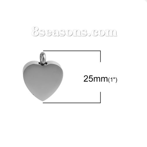 Picture of 1 Piece 304 Stainless Steel Cremation Ash Urn Blank Stamping Tags Charms Heart Silver Tone Double-sided Polishing 25mm x 20mm