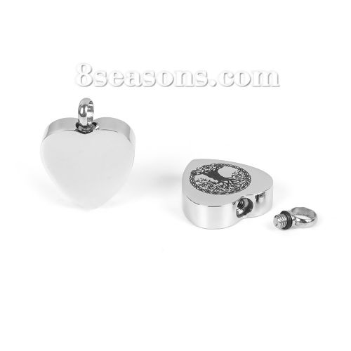 Picture of 1 Piece 304 Stainless Steel Cremation Ash Urn Blank Stamping Tags Charms Heart Tree Silver Tone Double-sided Polishing 25mm x 20mm