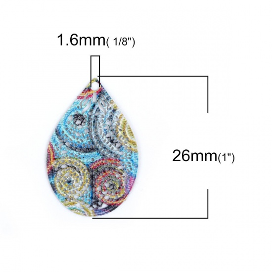 Picture of Iron Based Alloy Enamel Painting Pendants Drop Green Multicolor Filigree Stamping 30mm x 19mm, 10 PCs